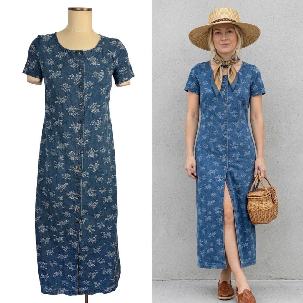 VTG 90s Eddie Bauer Denim Maxi Shirt Dress Petite XS Floral Button Front Cotton